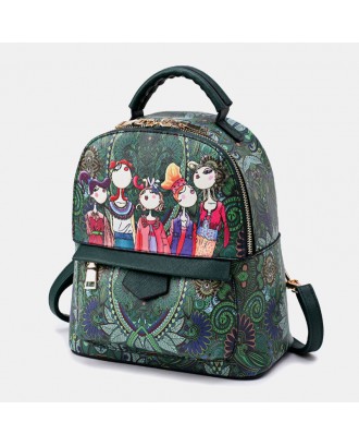 Women Leather Cartoon Figure Printed Pattern Large Capacity Backpack Shoulder Bag Handbag