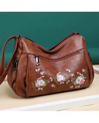 Women Ethnic Flower Embroidered Large Capacoty Crossbody Bag Vintage Texture Hardware Waterproof Breathable Soft Leather Shoulder Bag