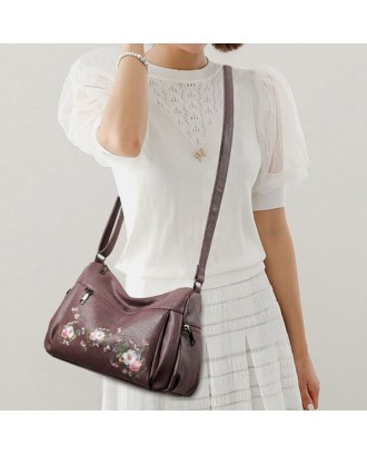 Women Ethnic Flower Embroidered Large Capacoty Crossbody Bag Vintage Texture Hardware Waterproof Breathable Soft Leather Shoulder Bag