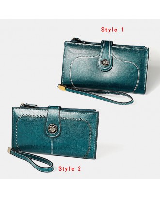 Women Genuine Leather Elegant Vintage Long Wallet Phone Bag