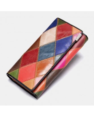 Women Genuine Leather Bifold Colored Geometric Pattern Multi-card Slot Card Case Money Clip Coin Purse Long Clutch Wallets